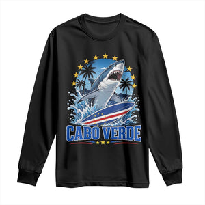 Cabo Verde Surfing Blue Shark Surfboard Long Sleeve Shirt Cape Verde Flag Tropical Ocean Wave TS02 Black Print Your Wear
