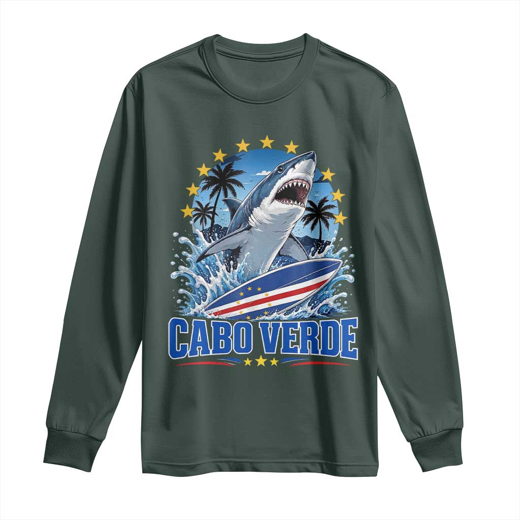 Cabo Verde Surfing Blue Shark Surfboard Long Sleeve Shirt Cape Verde Flag Tropical Ocean Wave TS02 Dark Forest Green Print Your Wear