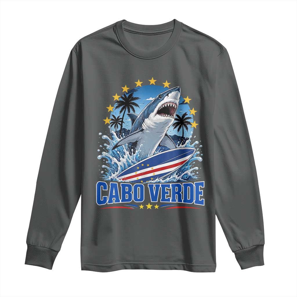 Cabo Verde Surfing Blue Shark Surfboard Long Sleeve Shirt Cape Verde Flag Tropical Ocean Wave TS02 Dark Heather Print Your Wear