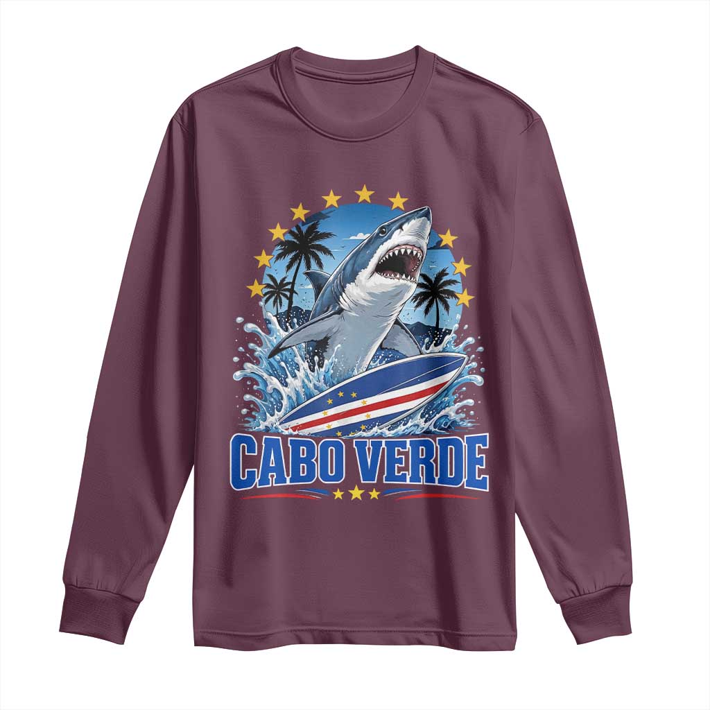 Cabo Verde Surfing Blue Shark Surfboard Long Sleeve Shirt Cape Verde Flag Tropical Ocean Wave TS02 Maroon Print Your Wear