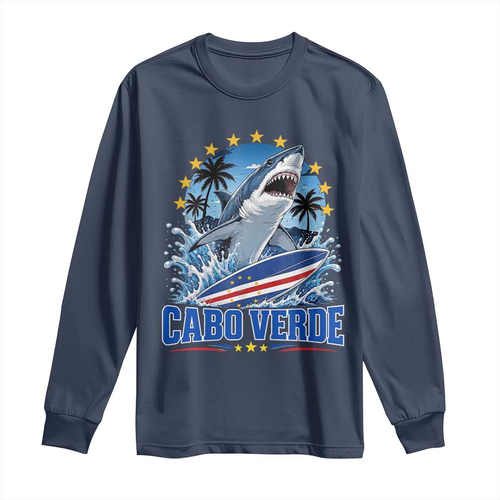 Cabo Verde Surfing Blue Shark Surfboard Long Sleeve Shirt Cape Verde Flag Tropical Ocean Wave TS02 Navy Print Your Wear