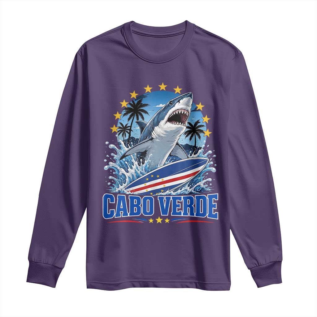 Cabo Verde Surfing Blue Shark Surfboard Long Sleeve Shirt Cape Verde Flag Tropical Ocean Wave TS02 Purple Print Your Wear