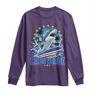 Cabo Verde Surfing Blue Shark Surfboard Long Sleeve Shirt Cape Verde Flag Tropical Ocean Wave TS02 Purple Print Your Wear
