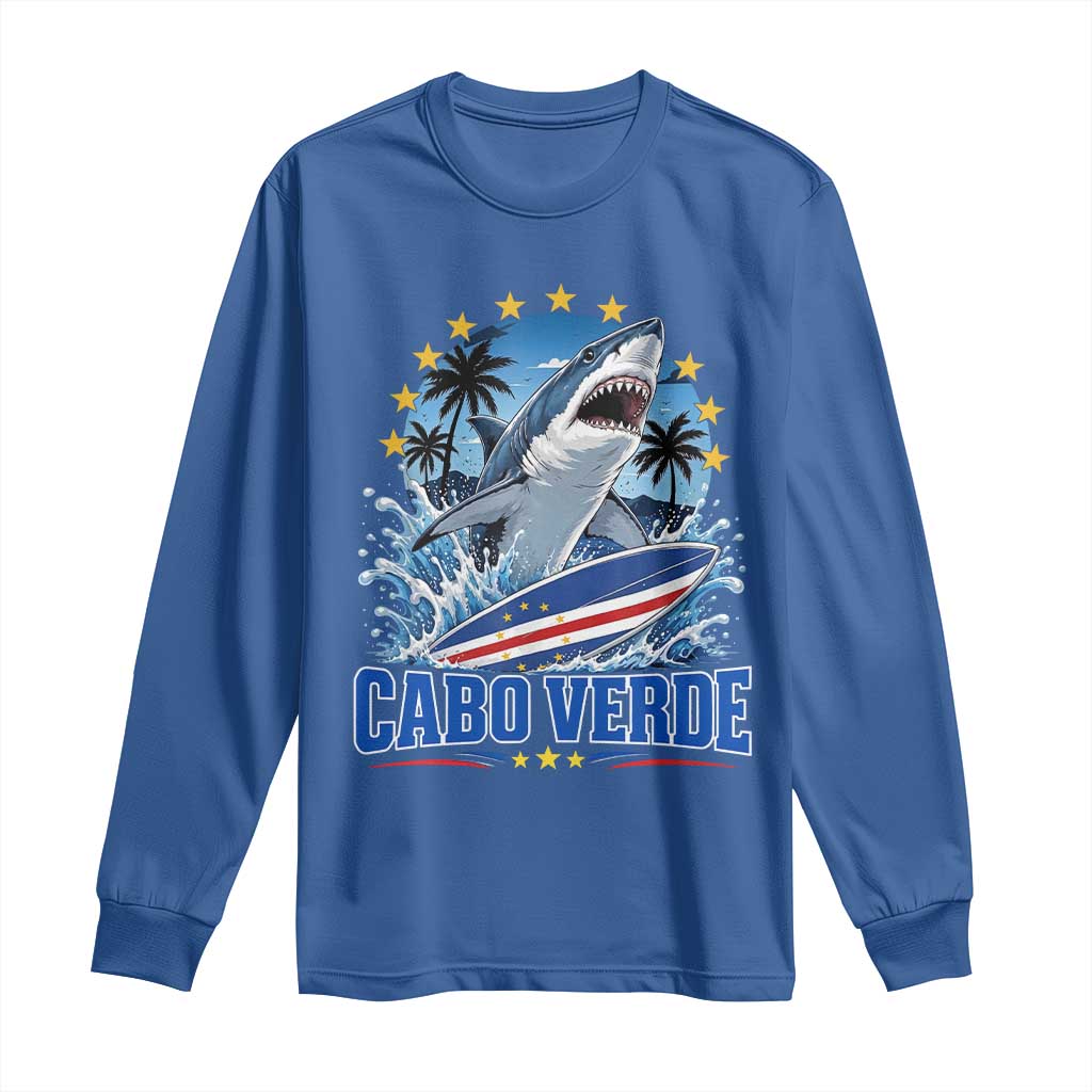 Cabo Verde Surfing Blue Shark Surfboard Long Sleeve Shirt Cape Verde Flag Tropical Ocean Wave TS02 Royal Blue Print Your Wear