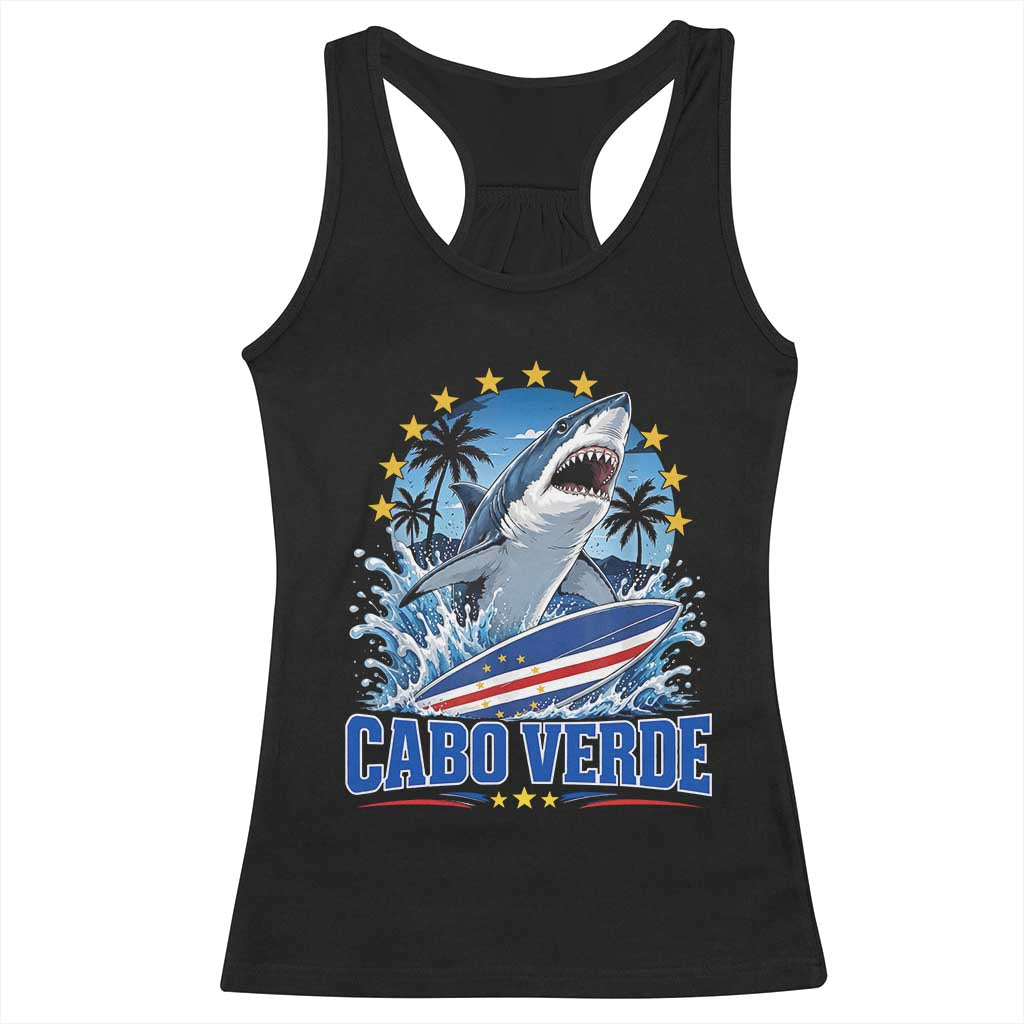 Cabo Verde Surfing Blue Shark Surfboard Racerback Tank Top Cape Verde Flag Tropical Ocean Wave TS02 Black Print Your Wear