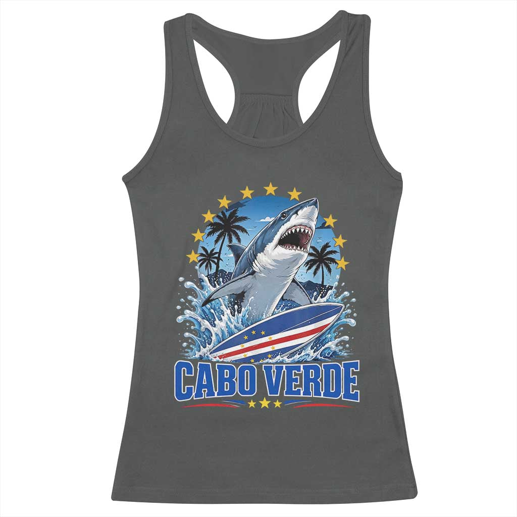 Cabo Verde Surfing Blue Shark Surfboard Racerback Tank Top Cape Verde Flag Tropical Ocean Wave TS02 Dark Heather Print Your Wear