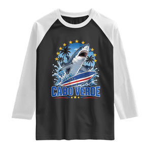 Cabo Verde Surfing Blue Shark Surfboard Raglan Shirt Cape Verde Flag Tropical Ocean Wave TS02 Black White Print Your Wear