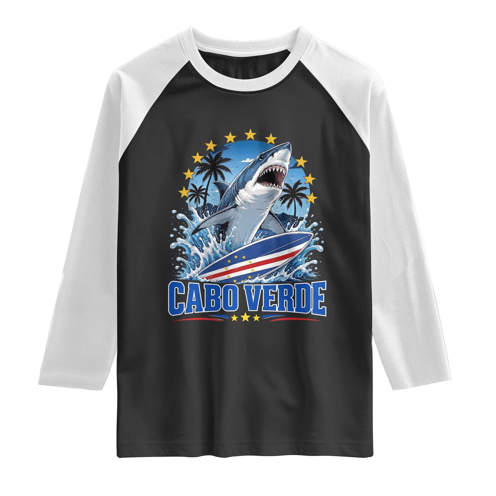 Cabo Verde Surfing Blue Shark Surfboard Raglan Shirt Cape Verde Flag Tropical Ocean Wave TS02 Black White Print Your Wear