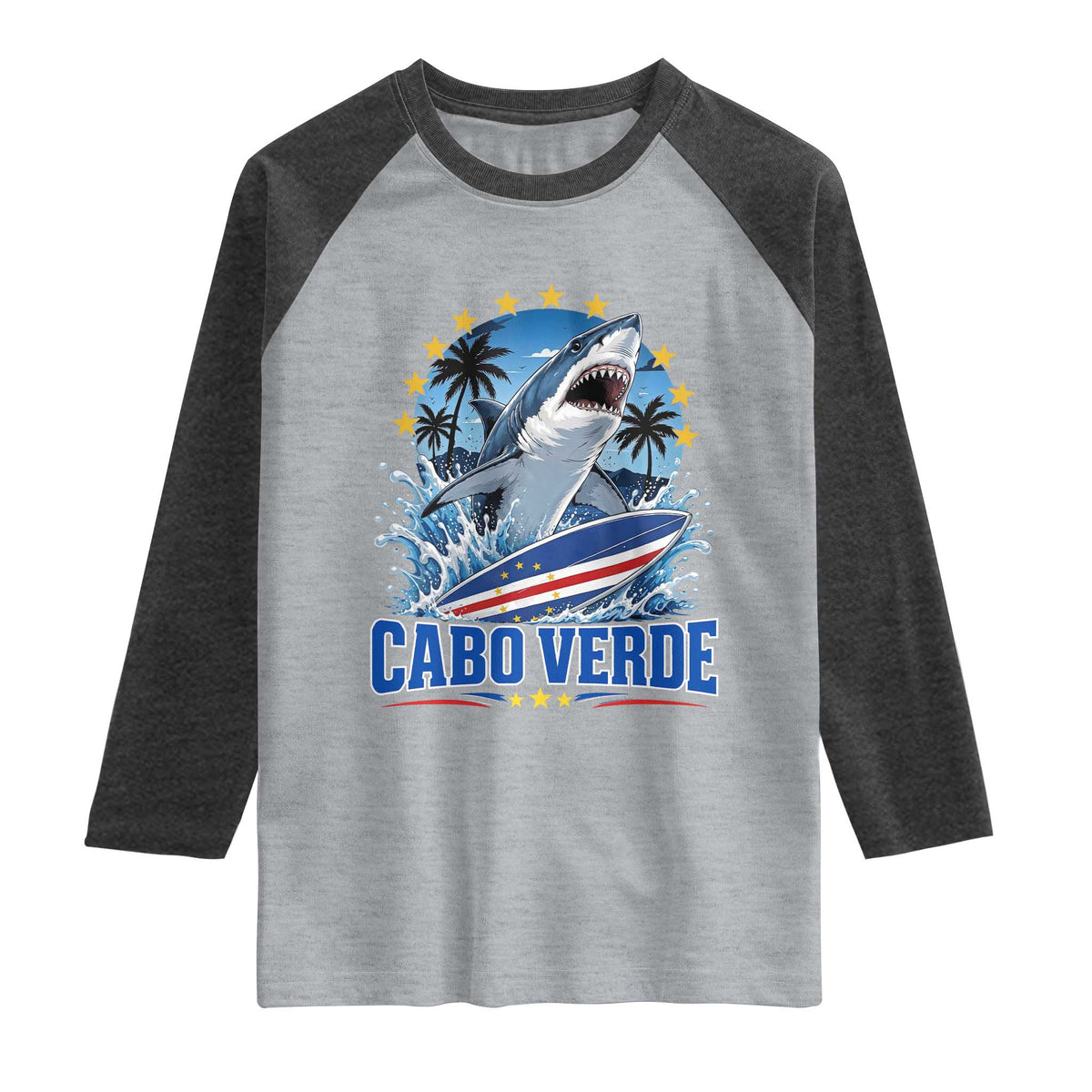 Cabo Verde Surfing Blue Shark Surfboard Raglan Shirt Cape Verde Flag Tropical Ocean Wave TS02 Heather Gray Heather Charcoal Print Your Wear
