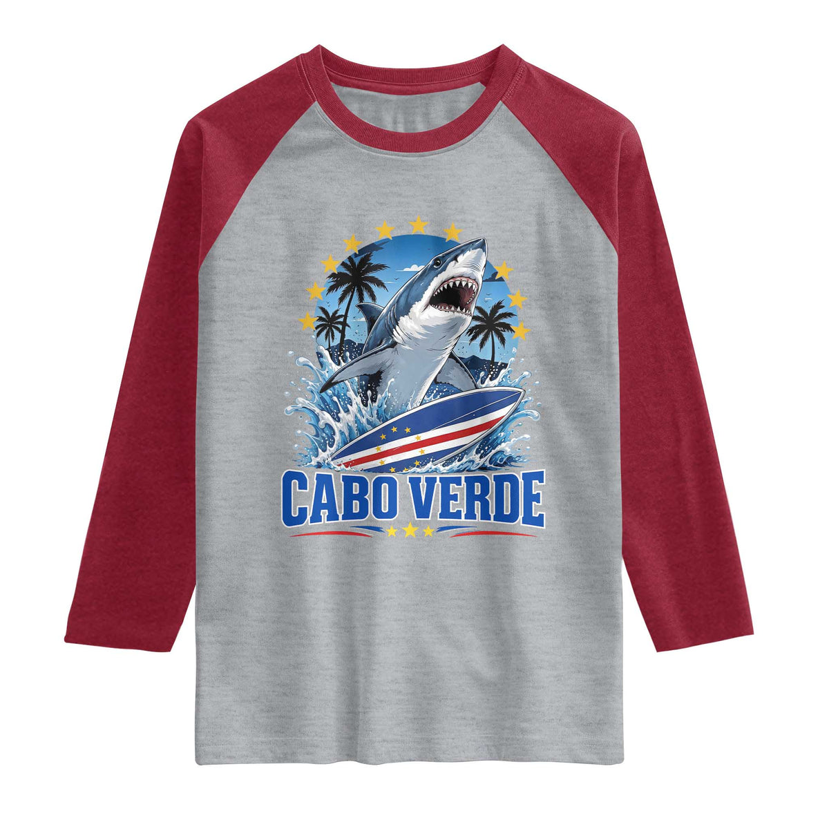 Cabo Verde Surfing Blue Shark Surfboard Raglan Shirt Cape Verde Flag Tropical Ocean Wave TS02 Heather Gray Heather Red Print Your Wear