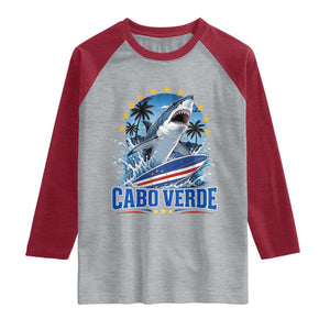 Cabo Verde Surfing Blue Shark Surfboard Raglan Shirt Cape Verde Flag Tropical Ocean Wave TS02 Heather Gray Heather Red Print Your Wear