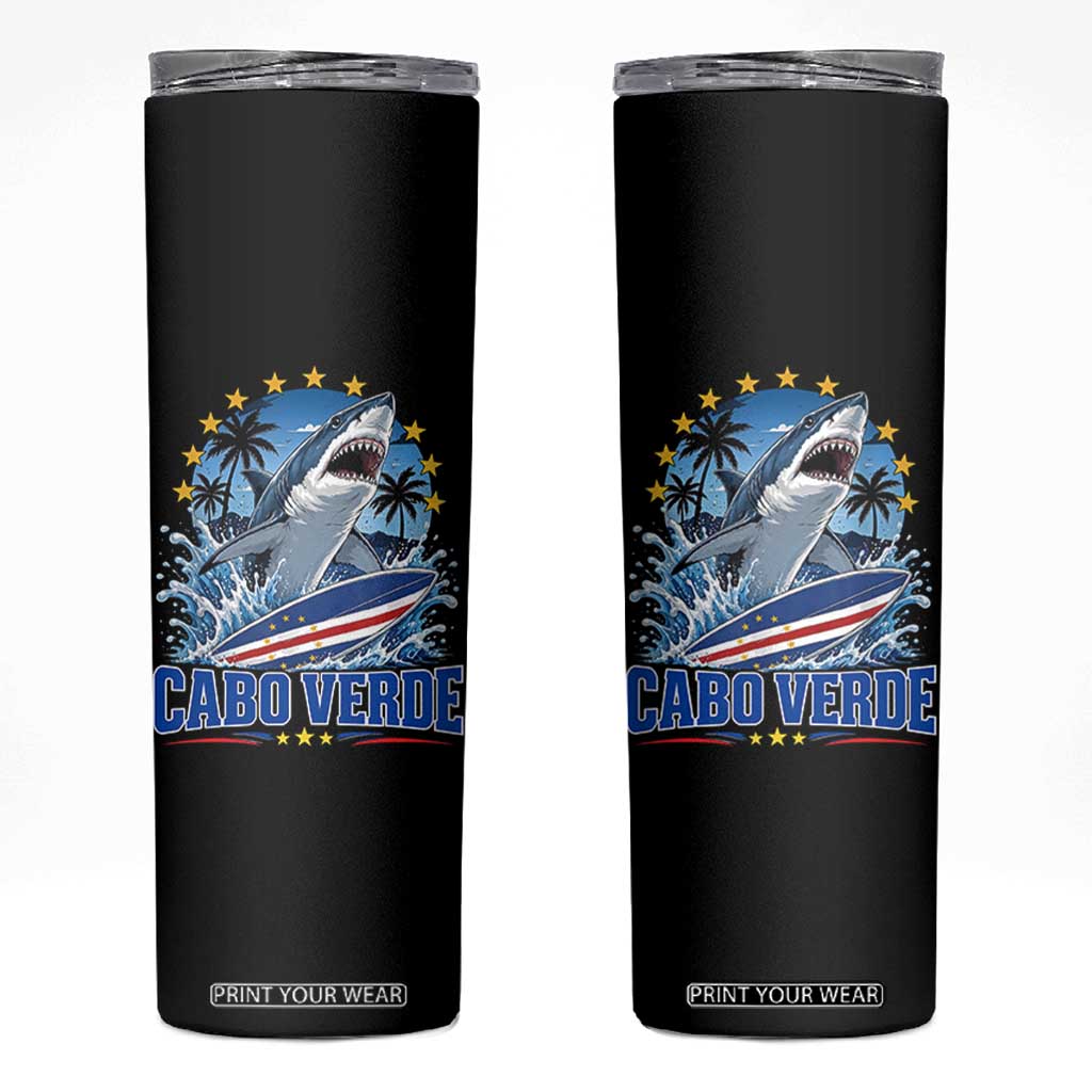 Cabo Verde Surfing Blue Shark Surfboard Skinny Tumbler Cape Verde Flag Tropical Ocean Wave TS02 Black Print Your Wear