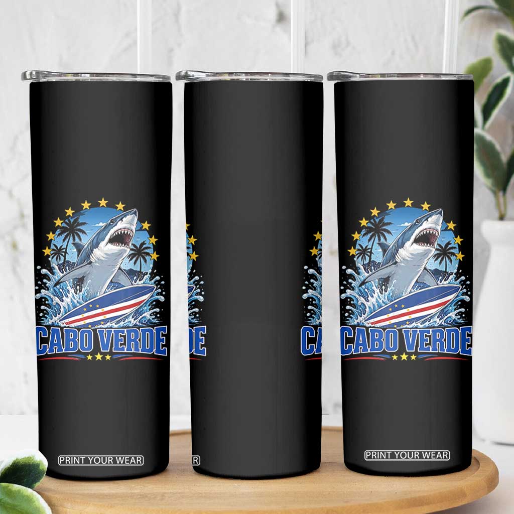 Cabo Verde Surfing Blue Shark Surfboard Skinny Tumbler Cape Verde Flag Tropical Ocean Wave TS02 Print Your Wear
