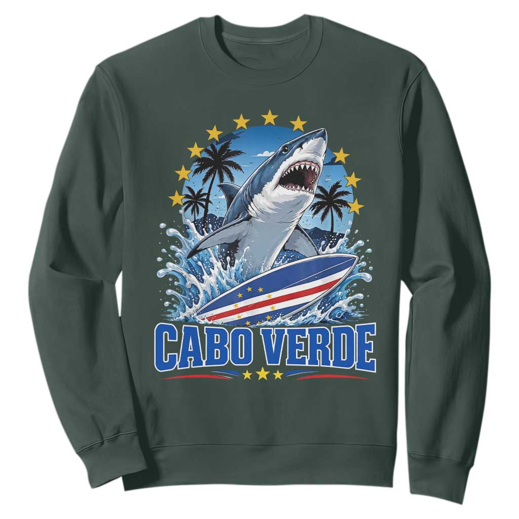 Cabo Verde Surfing Blue Shark Surfboard Sweatshirt Cape Verde Flag Tropical Ocean Wave TS02 Dark Forest Green Print Your Wear