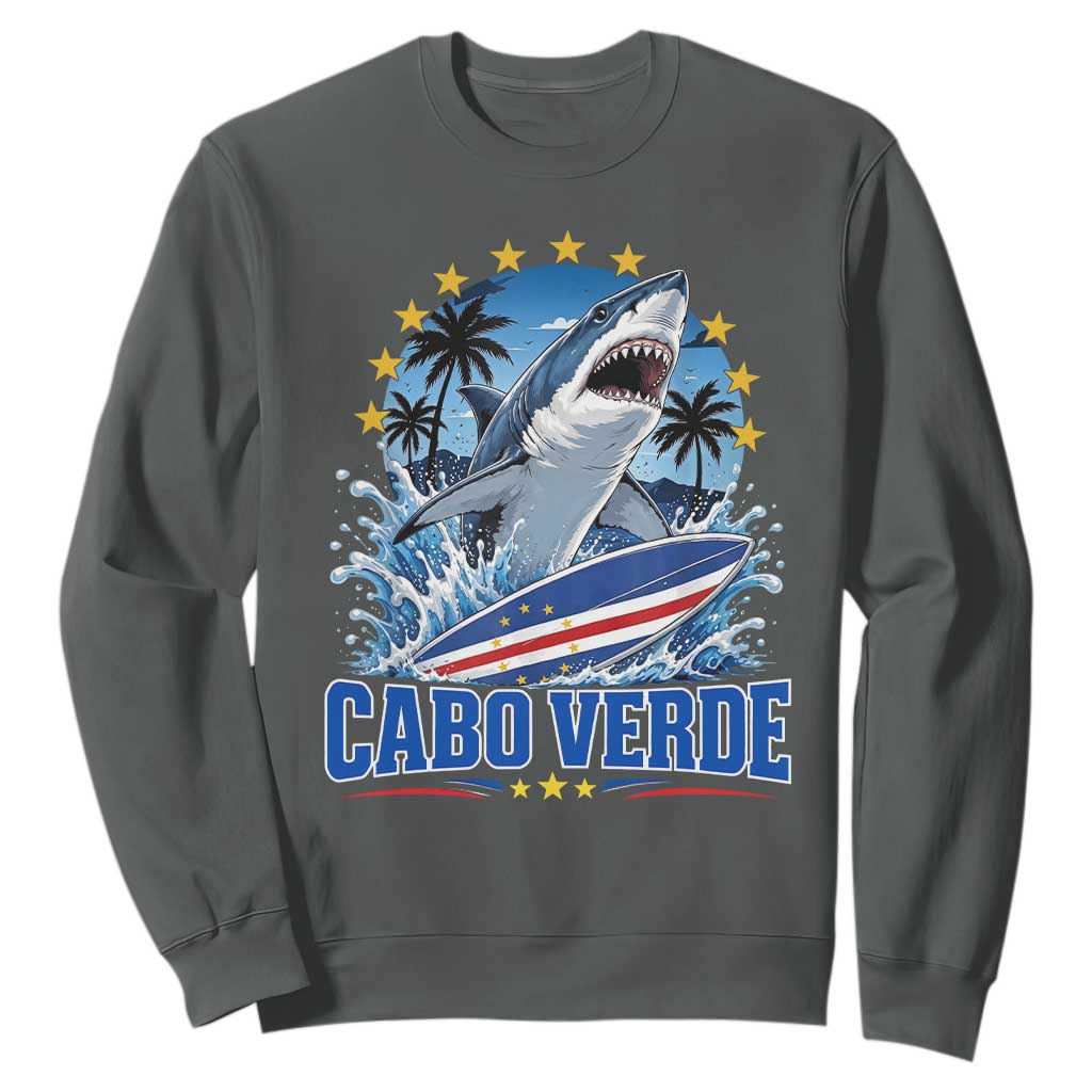 Cabo Verde Surfing Blue Shark Surfboard Sweatshirt Cape Verde Flag Tropical Ocean Wave TS02 Dark Heather Print Your Wear