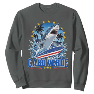 Cabo Verde Surfing Blue Shark Surfboard Sweatshirt Cape Verde Flag Tropical Ocean Wave TS02 Dark Heather Print Your Wear