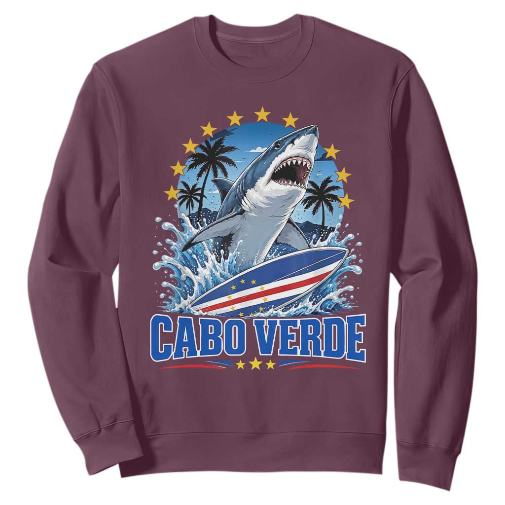 Cabo Verde Surfing Blue Shark Surfboard Sweatshirt Cape Verde Flag Tropical Ocean Wave TS02 Maroon Print Your Wear