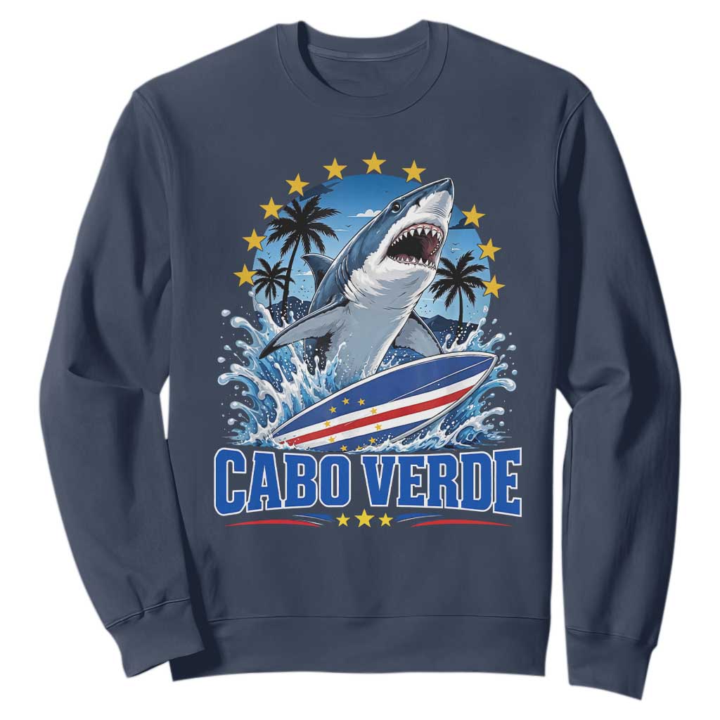 Cabo Verde Surfing Blue Shark Surfboard Sweatshirt Cape Verde Flag Tropical Ocean Wave TS02 Navy Print Your Wear