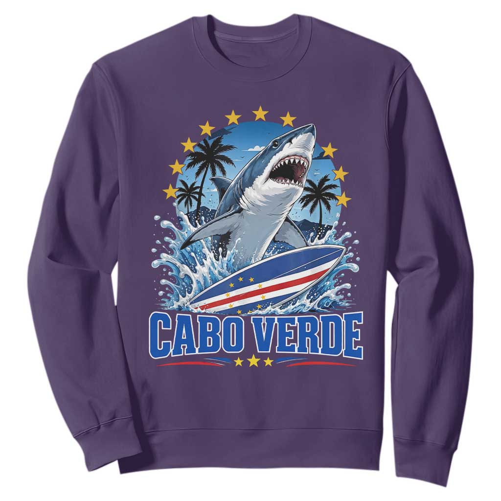 Cabo Verde Surfing Blue Shark Surfboard Sweatshirt Cape Verde Flag Tropical Ocean Wave TS02 Purple Print Your Wear