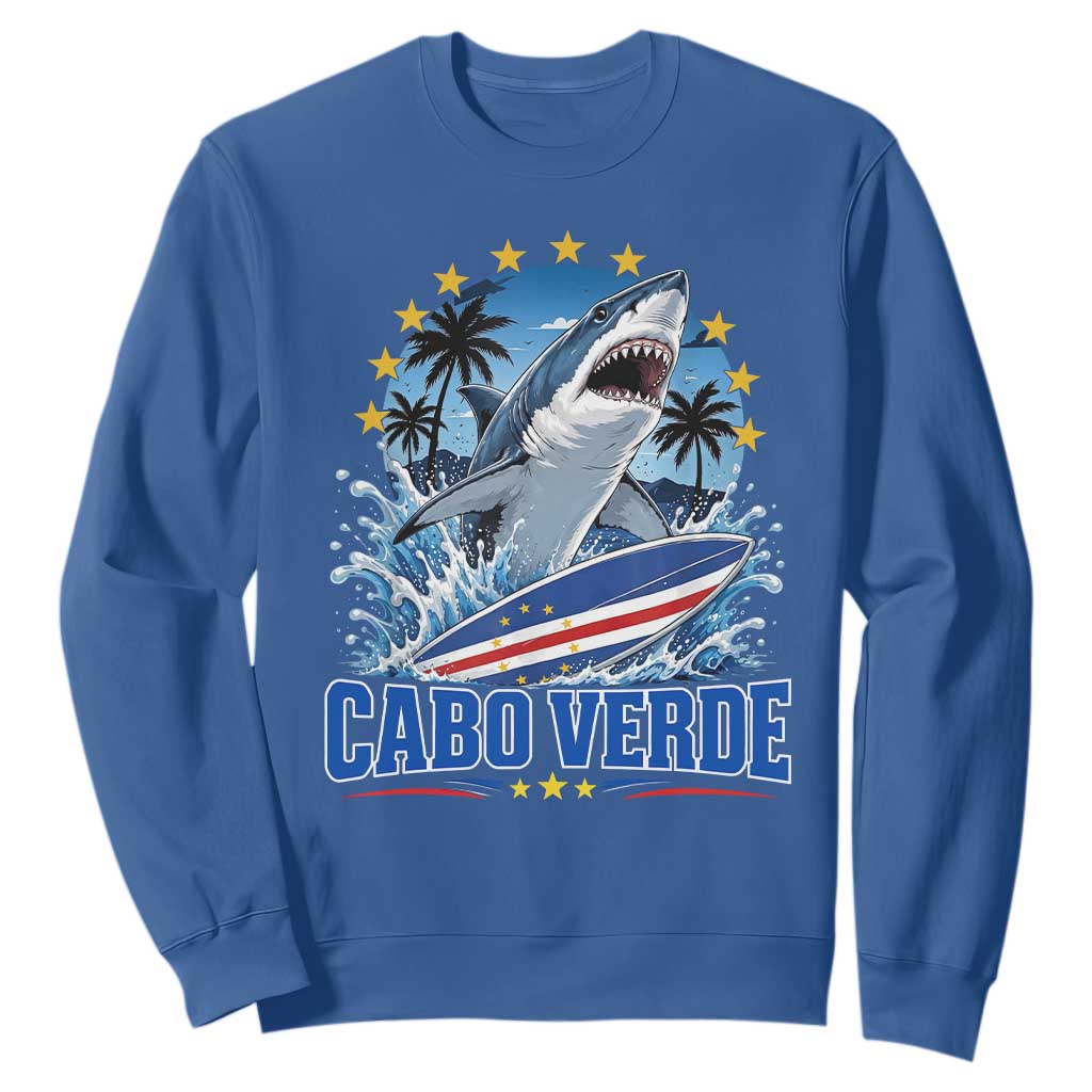 Cabo Verde Surfing Blue Shark Surfboard Sweatshirt Cape Verde Flag Tropical Ocean Wave TS02 Royal Blue Print Your Wear