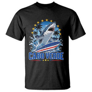 Cabo Verde Surfing Blue Shark Surfboard T Shirt Cape Verde Flag Tropical Ocean Wave TS02 Black Print Your Wear