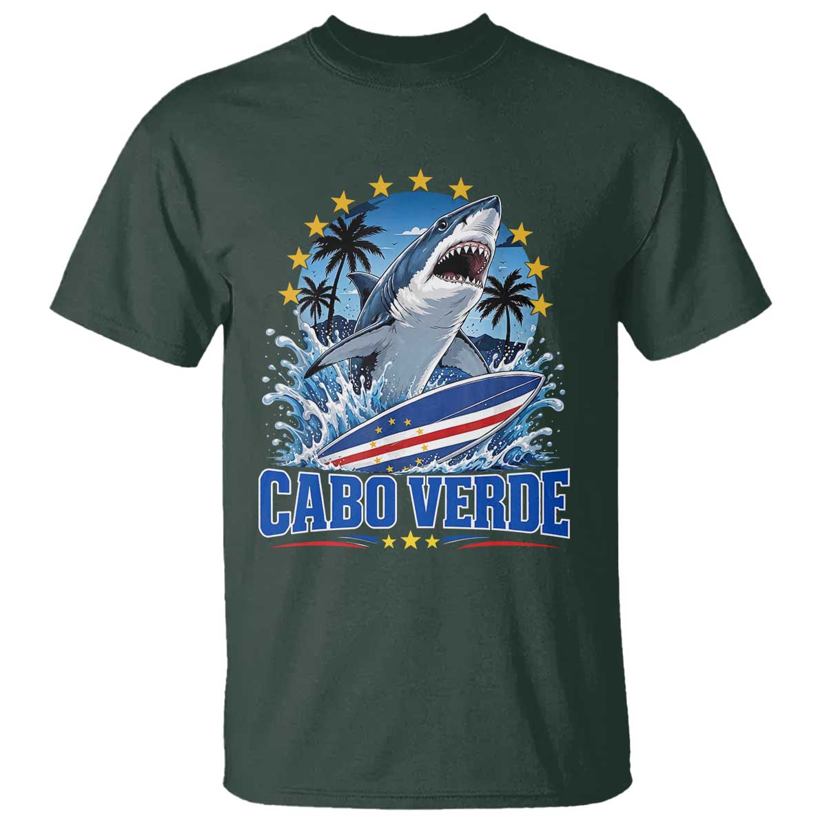 Cabo Verde Surfing Blue Shark Surfboard T Shirt Cape Verde Flag Tropical Ocean Wave TS02 Dark Forest Green Print Your Wear