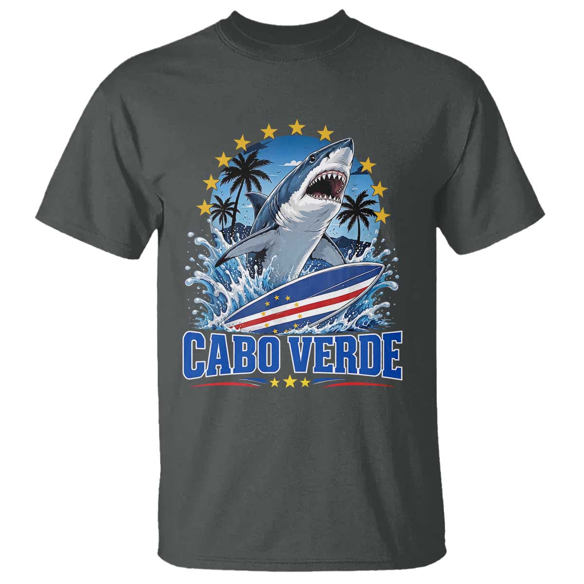 Cabo Verde Surfing Blue Shark Surfboard T Shirt Cape Verde Flag Tropical Ocean Wave TS02 Dark Heather Print Your Wear
