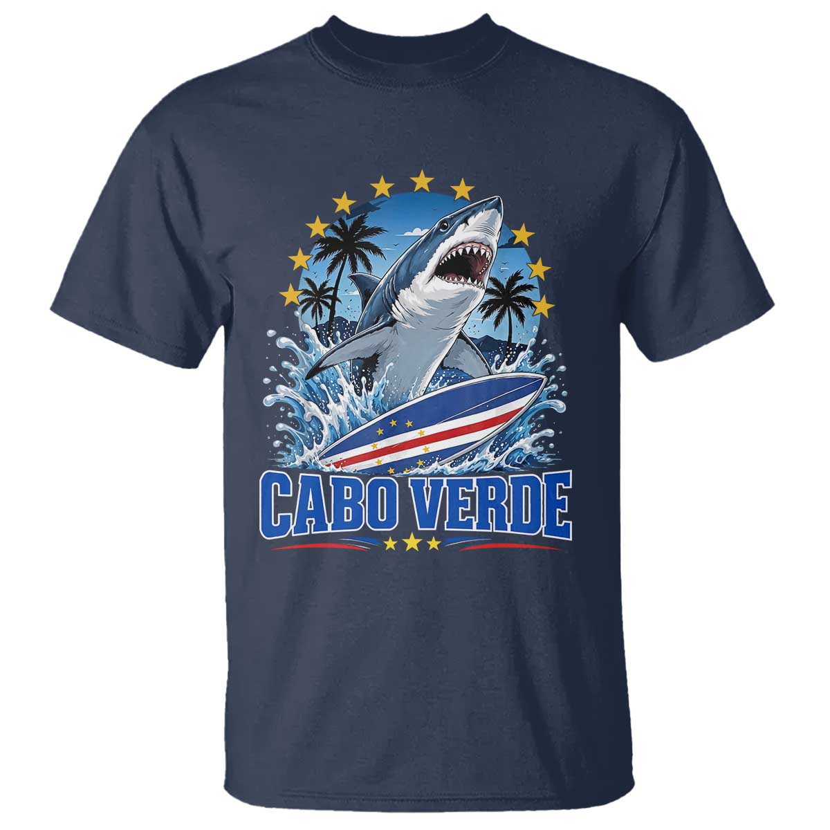 Cabo Verde Surfing Blue Shark Surfboard T Shirt Cape Verde Flag Tropical Ocean Wave TS02 Navy Print Your Wear