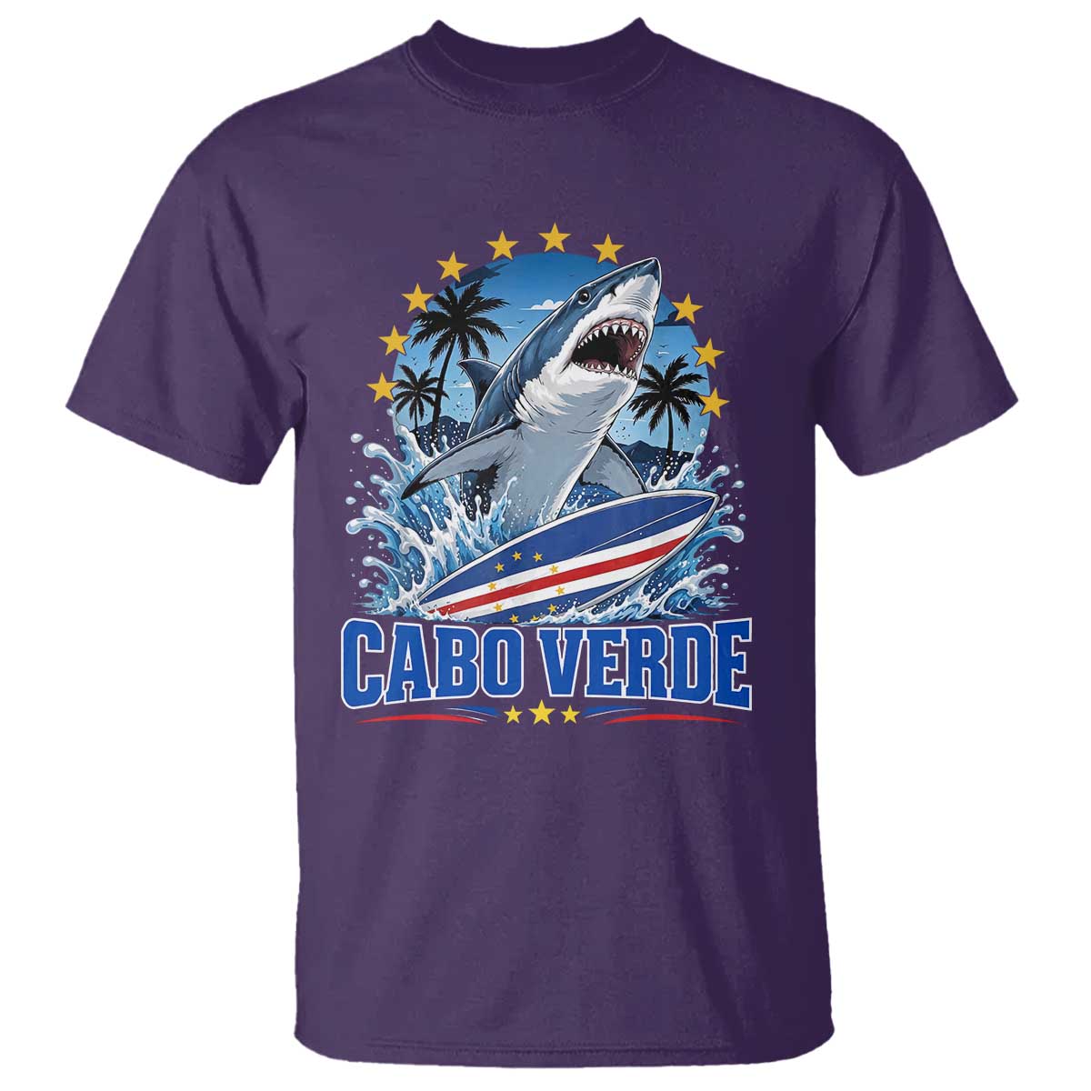 Cabo Verde Surfing Blue Shark Surfboard T Shirt Cape Verde Flag Tropical Ocean Wave TS02 Purple Print Your Wear