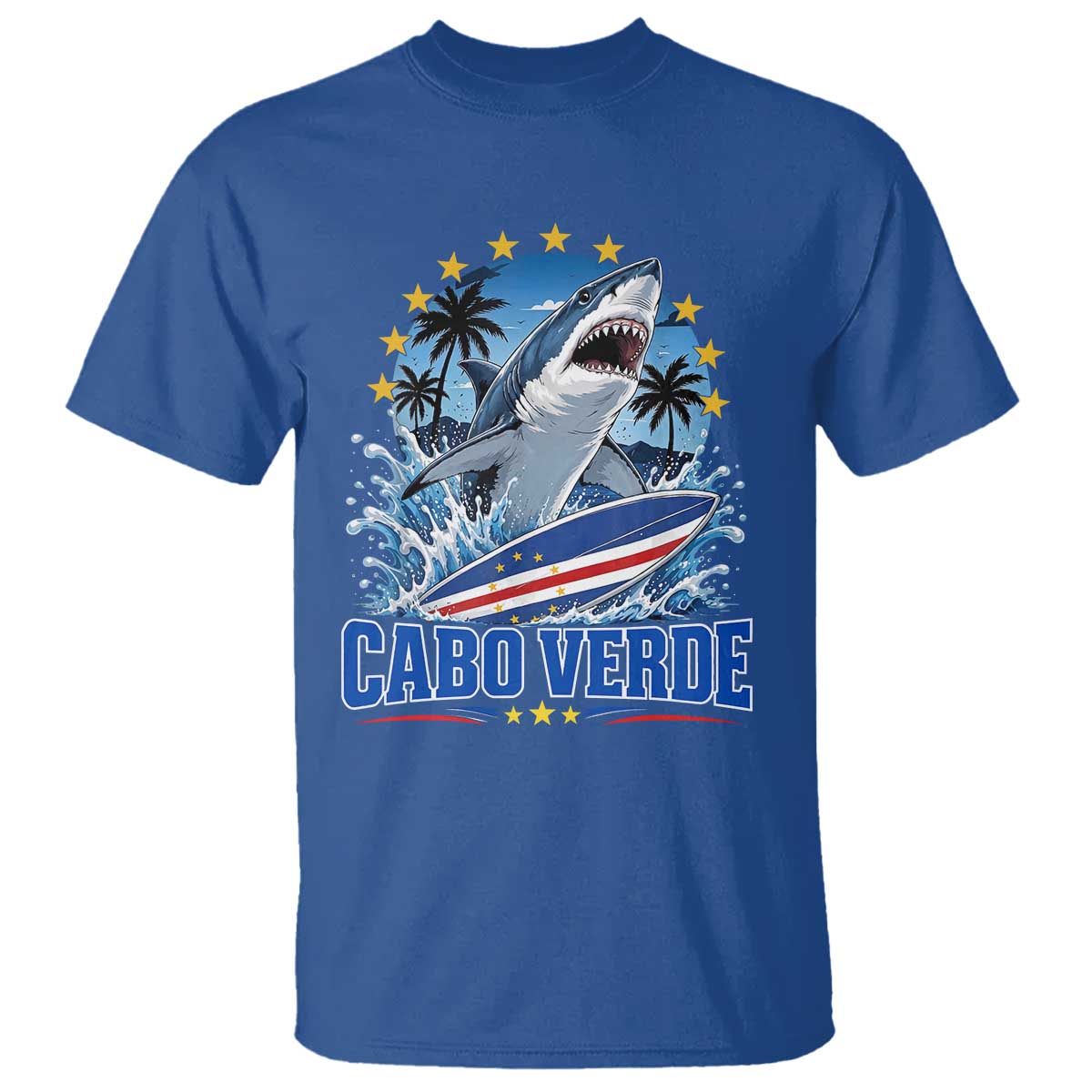 Cabo Verde Surfing Blue Shark Surfboard T Shirt Cape Verde Flag Tropical Ocean Wave TS02 Royal Blue Print Your Wear
