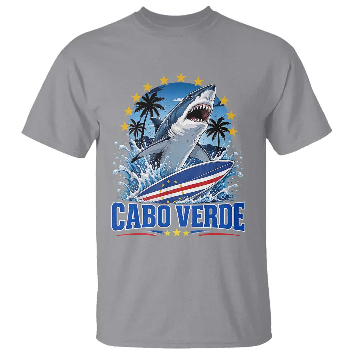 Cabo Verde Surfing Blue Shark Surfboard T Shirt Cape Verde Flag Tropical Ocean Wave TS02 Sport Gray Print Your Wear