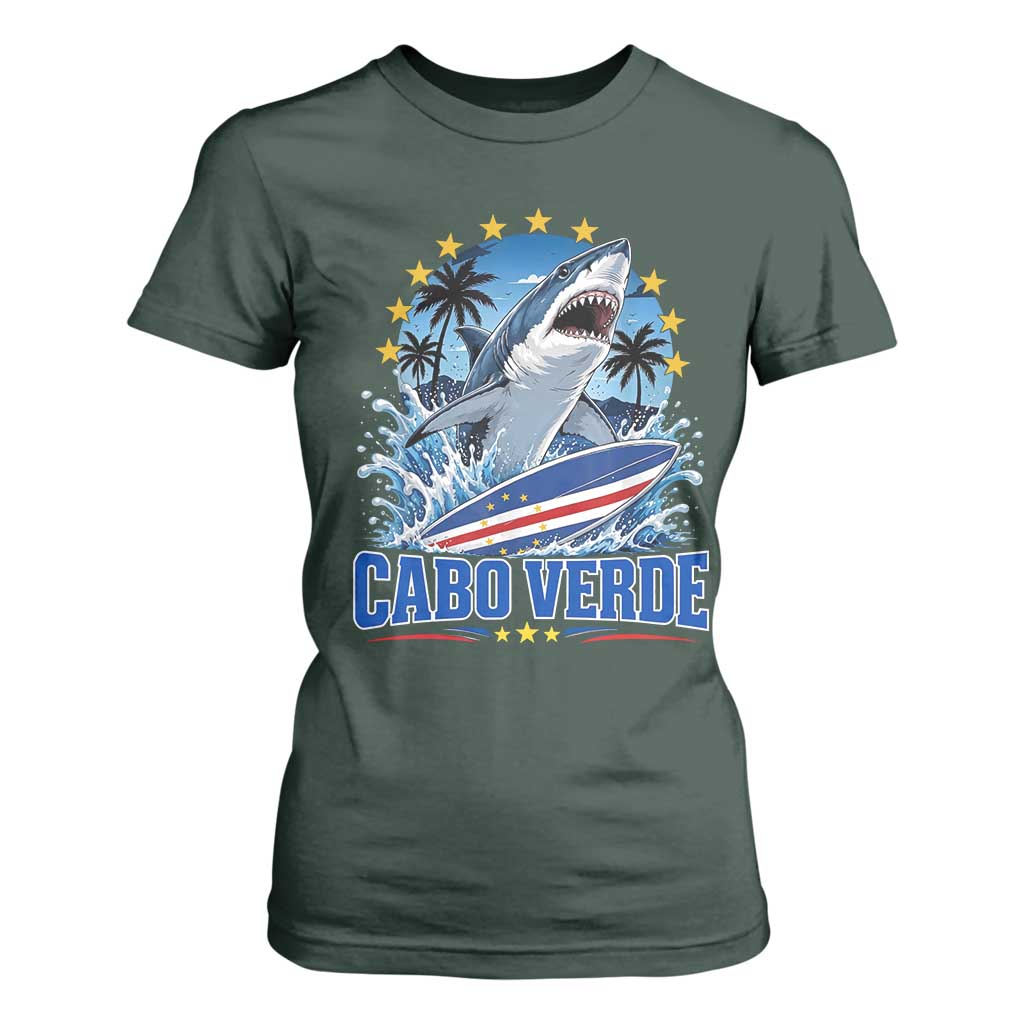 Cabo Verde Surfing Blue Shark Surfboard T Shirt For Women Cape Verde Flag Tropical Ocean Wave TS02 Dark Forest Green Print Your Wear