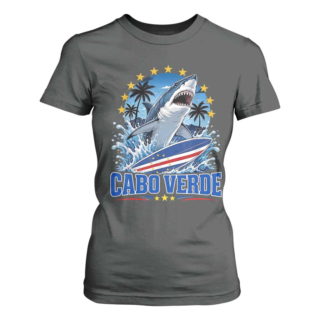 Cabo Verde Surfing Blue Shark Surfboard T Shirt For Women Cape Verde Flag Tropical Ocean Wave TS02 Dark Heather Print Your Wear