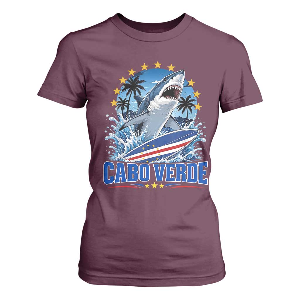 Cabo Verde Surfing Blue Shark Surfboard T Shirt For Women Cape Verde Flag Tropical Ocean Wave TS02 Maroon Print Your Wear