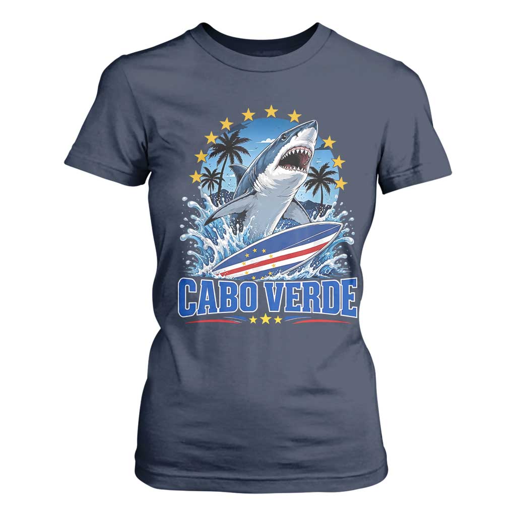 Cabo Verde Surfing Blue Shark Surfboard T Shirt For Women Cape Verde Flag Tropical Ocean Wave TS02 Navy Print Your Wear