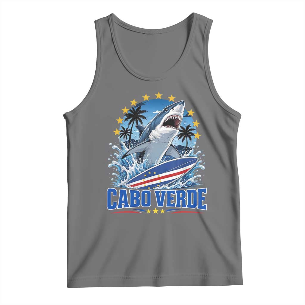 Cabo Verde Surfing Blue Shark Surfboard Tank Top Cape Verde Flag Tropical Ocean Wave TS02 Black Heather Print Your Wear
