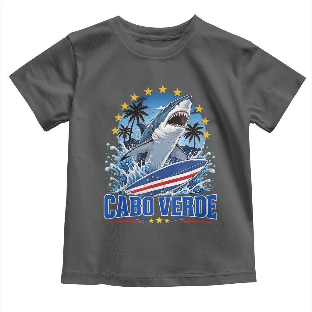 Cabo Verde Surfing Blue Shark Surfboard Toddler T Shirt Cape Verde Flag Tropical Ocean Wave TS02 Dark Heather Print Your Wear