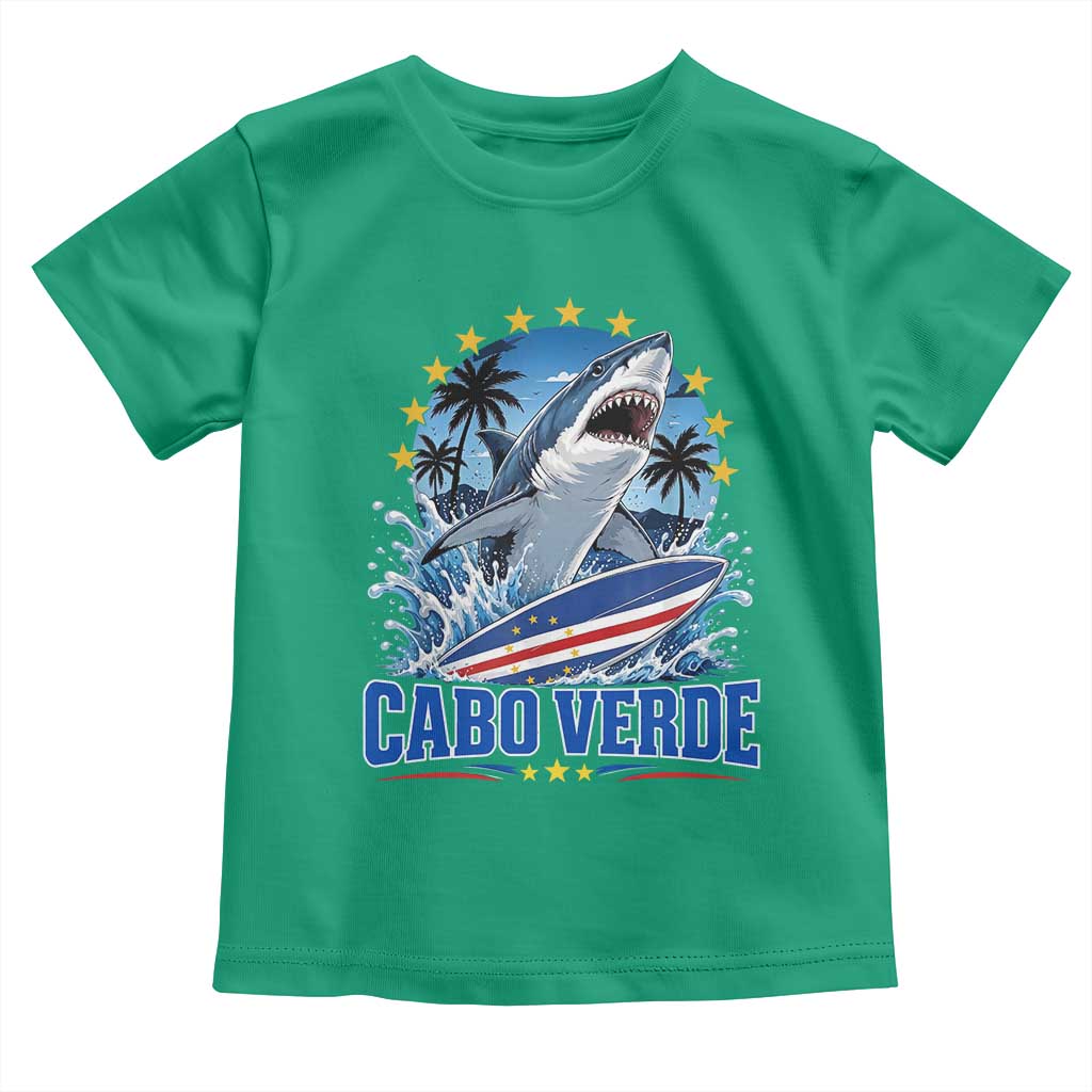 Cabo Verde Surfing Blue Shark Surfboard Toddler T Shirt Cape Verde Flag Tropical Ocean Wave TS02 Irish Green Print Your Wear
