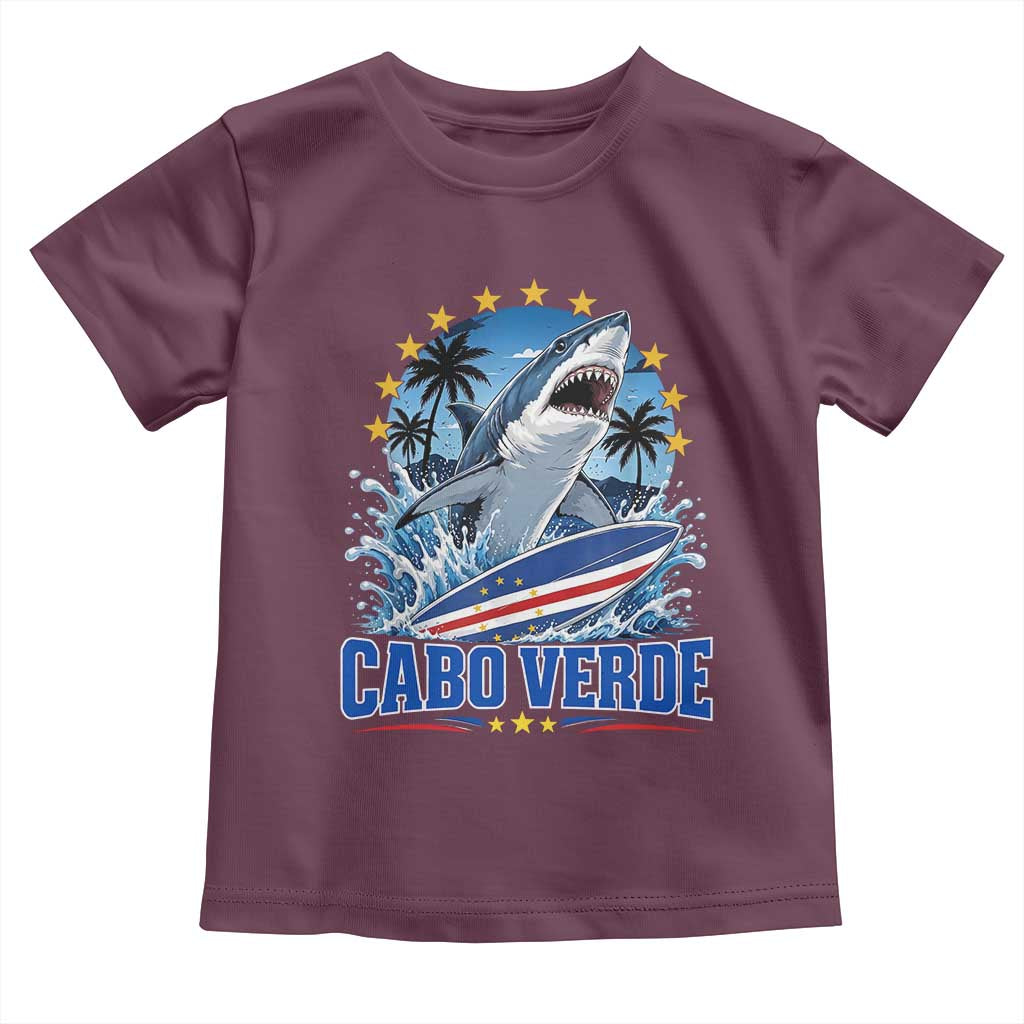 Cabo Verde Surfing Blue Shark Surfboard Toddler T Shirt Cape Verde Flag Tropical Ocean Wave TS02 Maroon Print Your Wear
