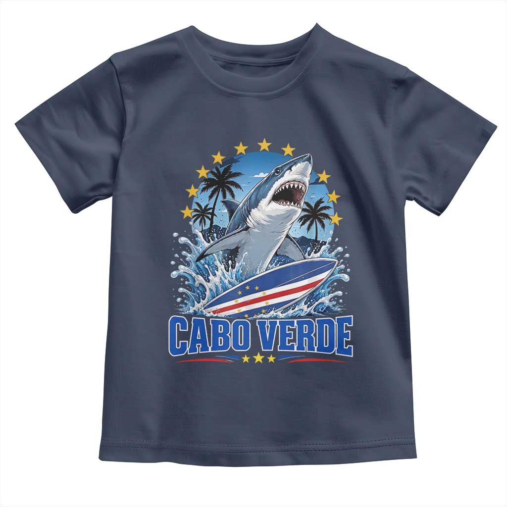 Cabo Verde Surfing Blue Shark Surfboard Toddler T Shirt Cape Verde Flag Tropical Ocean Wave TS02 Navy Print Your Wear