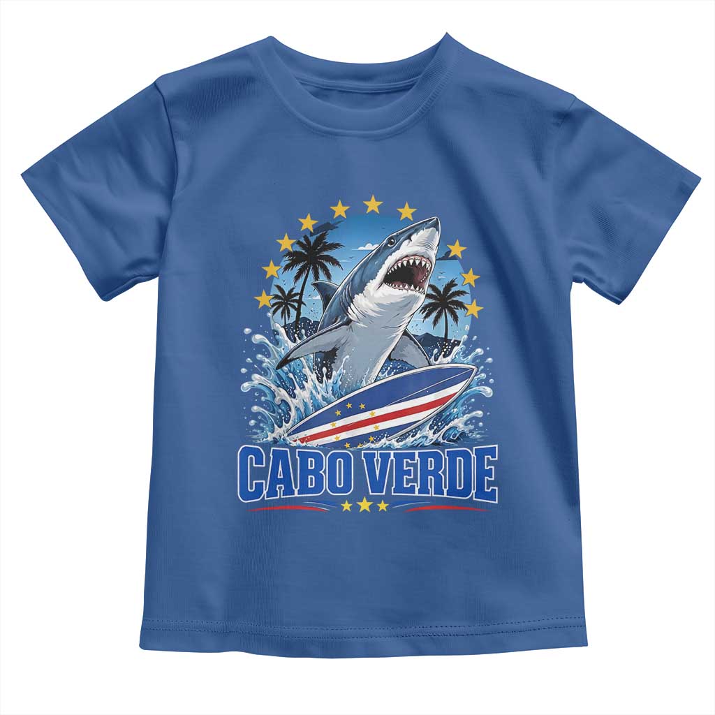 Cabo Verde Surfing Blue Shark Surfboard Toddler T Shirt Cape Verde Flag Tropical Ocean Wave TS02 Royal Blue Print Your Wear