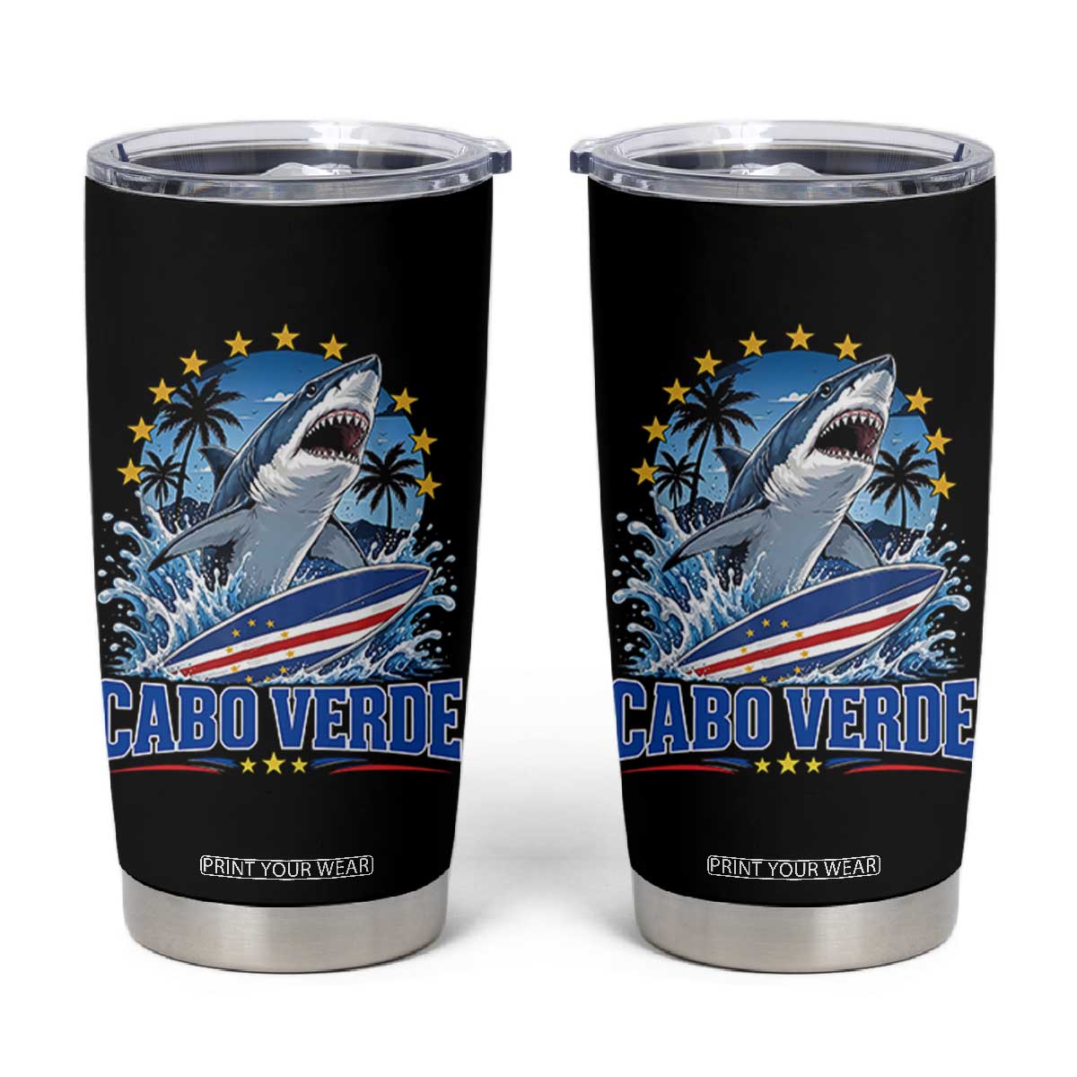 Cabo Verde Surfing Blue Shark Surfboard Tumbler Cup Cape Verde Flag Tropical Ocean Wave TS02 Black Print Your Wear