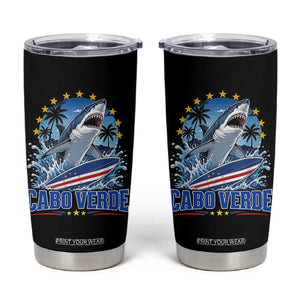 Cabo Verde Surfing Blue Shark Surfboard Tumbler Cup Cape Verde Flag Tropical Ocean Wave TS02 Black Print Your Wear