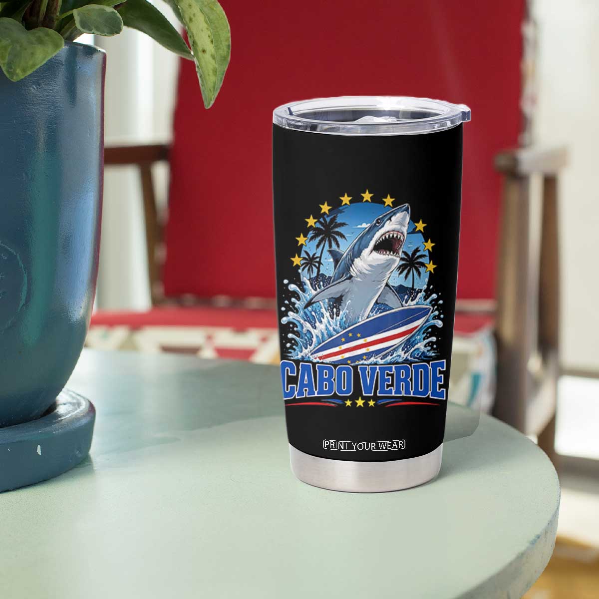 Cabo Verde Surfing Blue Shark Surfboard Tumbler Cup Cape Verde Flag Tropical Ocean Wave TS02 Print Your Wear