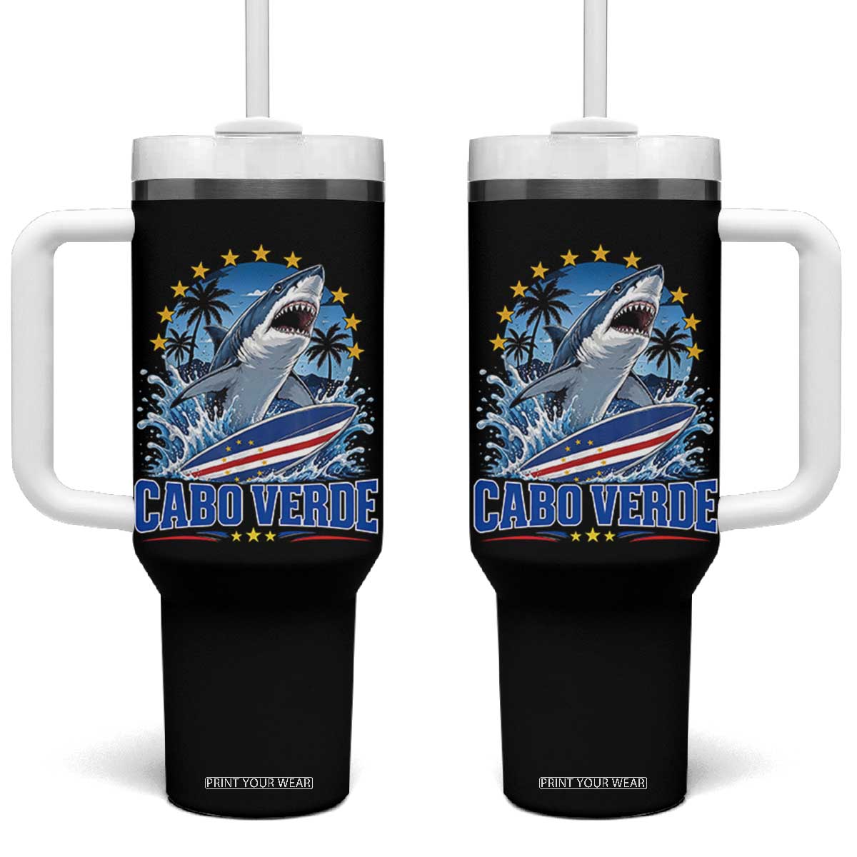 Cabo Verde Surfing Blue Shark Surfboard Tumbler With Handle Cape Verde Flag Tropical Ocean Wave TS02 One Size: 40 oz Black Print Your Wear