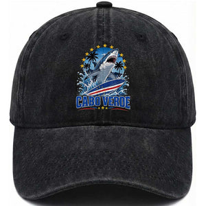 Cabo Verde Surfing Blue Shark Surfboard Washed Cotton Baseball Cap Cape Verde Flag Tropical Ocean Wave TS02 Print Your Wear