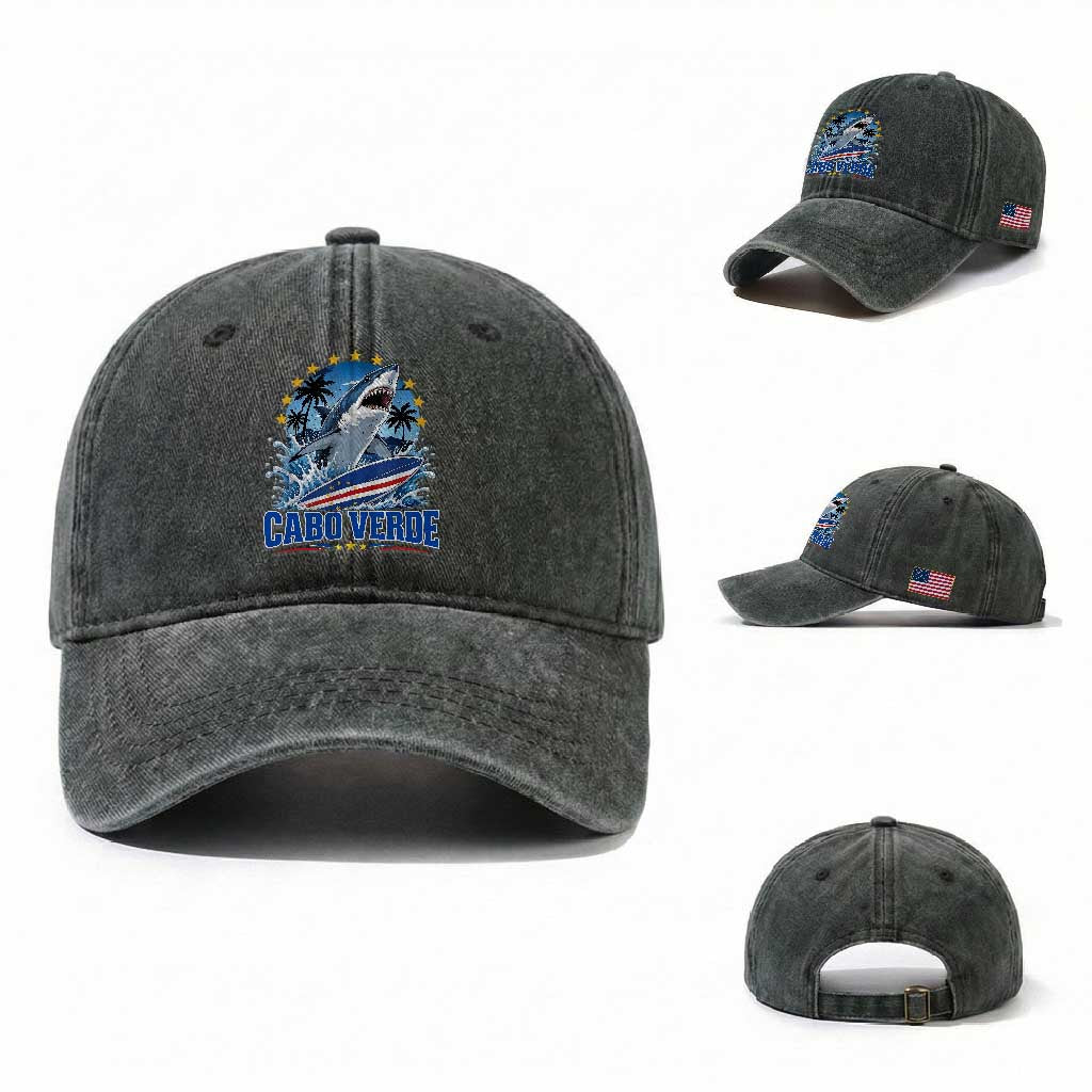 Cabo Verde Surfing Blue Shark Surfboard Washed Cotton Baseball Cap Cape Verde Flag Tropical Ocean Wave TS02 Washed Cap Universal Fit Dark Green Print Your Wear