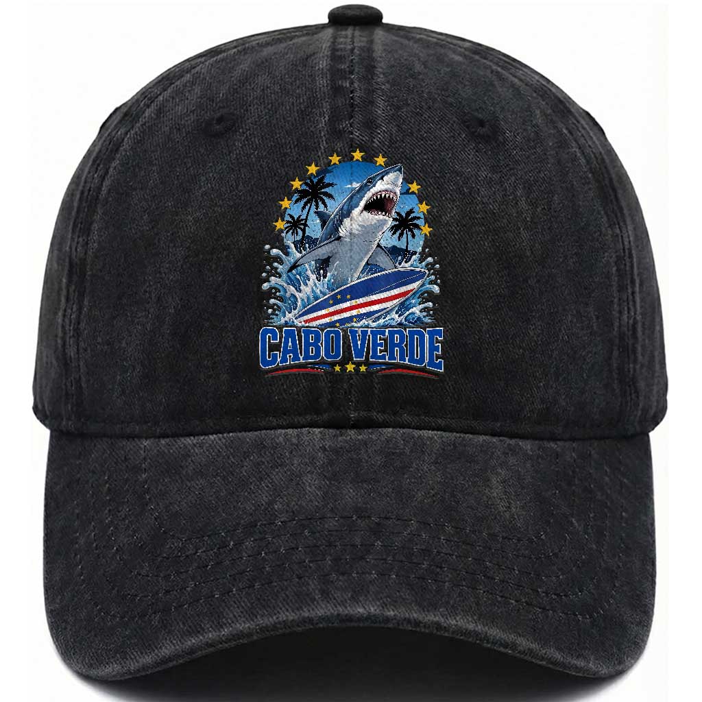 Cabo Verde Surfing Blue Shark Surfboard Washed Cotton Baseball Cap Cape Verde Flag Tropical Ocean Wave TS02 Print Your Wear
