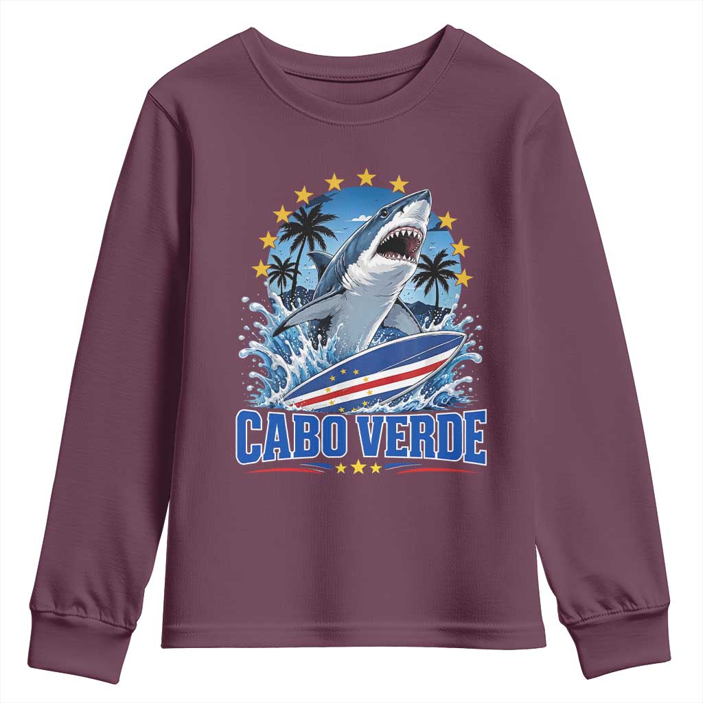 Cabo Verde Surfing Blue Shark Surfboard Youth Sweatshirt Cape Verde Flag Tropical Ocean Wave TS02 Maroon Print Your Wear