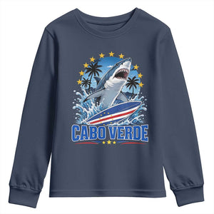 Cabo Verde Surfing Blue Shark Surfboard Youth Sweatshirt Cape Verde Flag Tropical Ocean Wave TS02 Navy Print Your Wear